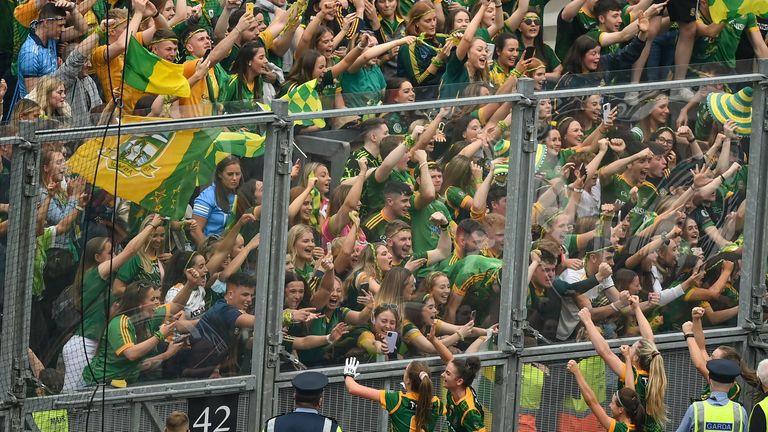 5 September 2021; Meath players and supporters on Hill 16 celebrate following the TG4 All-Ireland Ladies Senior Football Championship Final match between Dublin and Meath at Croke Park in Dublin. Photo by Stephen McCarthy/Sportsfile 