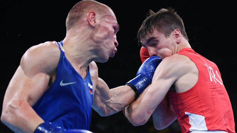Rio , Brazil - 16 August 2016; Michael Conlan of Ireland, right, exchanges punches with Vladimir Nikitin of Russia during their Bantamweight quarter final bout at the Riocentro Pavillion 6 Arena during the 2016 Rio Summer Olympic Games in Rio de Janeiro, Brazil. (Photo By Stephen McCarthy/Sportsfile via Getty Images)