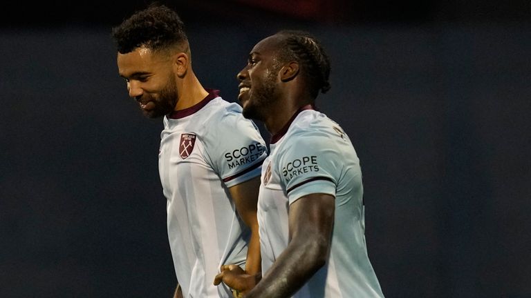 Michail Antonio celebrates his opener in Zagreb