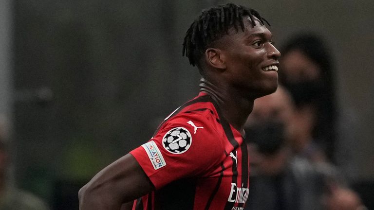 AC Milan's Rafael Leao celebrates after scoring during the Champions League group B soccer match between AC Milan and Atletico Madrid at the San Siro stadium in Milan
