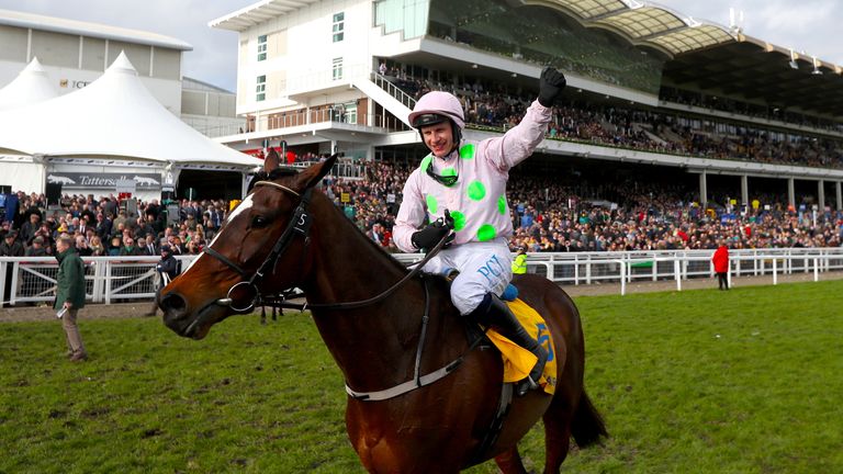 Jockey Paul Townend celebrates winning the Ryanair Chase with Min at the Cheltenham Festival in 2020