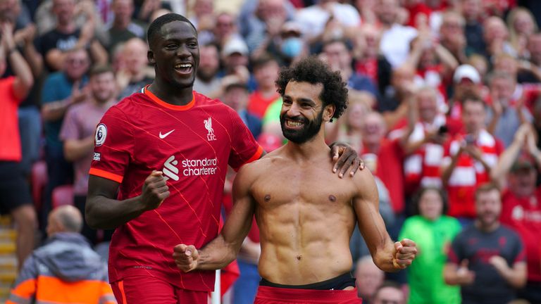 Mohamed Salah celebrates with Ibrahima Konate after scoring Liverpool's second goal
