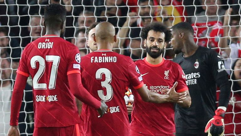 Mohamed Salah celebrates scoring for Liverpool vs AC Milan