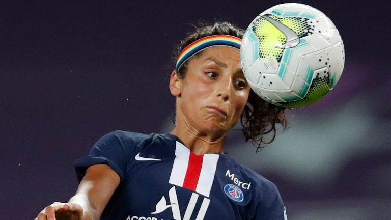 PSG's Nadia Nadim heads the ball during the Women's Champions League quarterfinal soccer match between Arsenal and Paris Saint-Germain at the Anoeta stadium in San Sebastian, Spain, Saturday Aug. 22, 2020. (Clive Brunskill, Pool via AP)