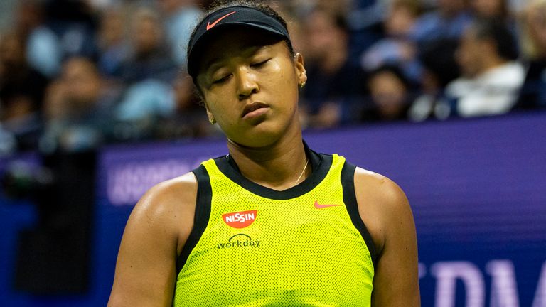 Naomi Osaka of Japan looks dejected during her match against Leylah Fernandez of Canada in the third round of the women's singles at the US Open at the USTA Billie Jean King National Tennis Center on September 03, 2021 in New York City. (Photo by TPN/Getty Images)
