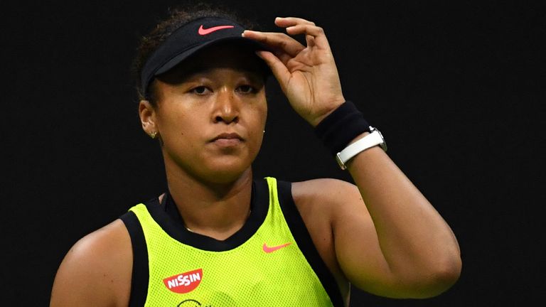 Naomi Osaka reacts during her 2021 US Open third-round match against Leylah Fernandez