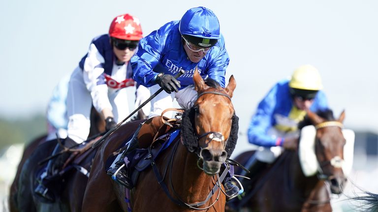 Natural Colour, ridden by Gary Bardwell, wins the Leger Legends Classified Stakes at Doncaster
