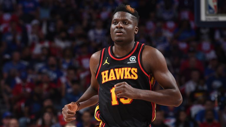 PHILADELPHIA, PA - JUNE 20: Clint Capela #15 of the Atlanta Hawks runs on during a game against the Philadelphia 76ers during Round 2, Game 7 of the Eastern Conference Playoffs on June 20, 2021 at Wells Fargo Center in Philadelphia, Pennsylvania. NOTE TO USER: User expressly acknowledges and agrees that, by downloading and/or using this Photograph, user is consenting to the terms and conditions of the Getty Images License Agreement. Mandatory Copyright Notice: Copyright 2021 NBAE (Photo by David Dow/NBAE via Getty Images) 