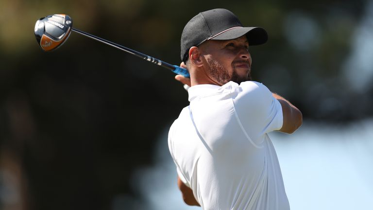 Steph Curry teeing off in the American Century Championship at Edgewood Tahoe South golf course last year