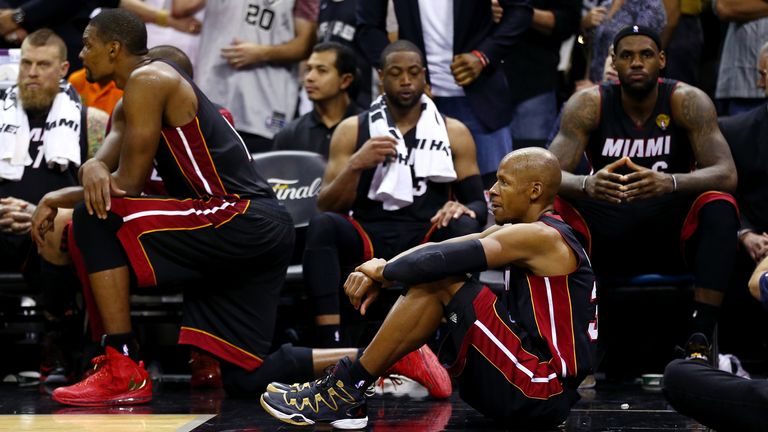 Chris Bosh, Dwyane Wade, Ray Allen and LeBron James look on during Game Five of the 2014 NBA Finals