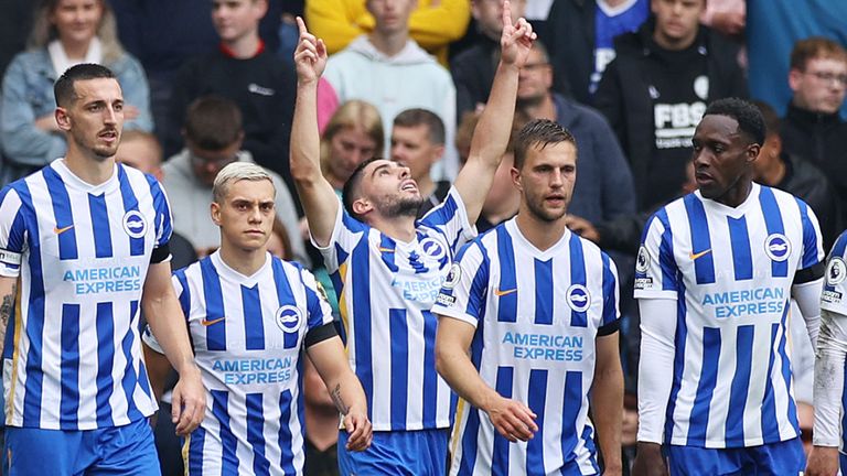 Neal Maupay celebrates scoring a penalty for Brighton vs Leicester