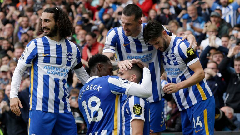 Neal Maupay celebrates after scoring for Brighton vs Leicester