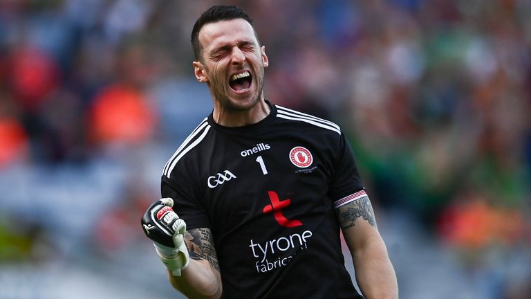 11 September 2021; Tyrone goalkeeper Niall Morgan celebrates after Mayo's Ryan O'Donoghue's penalty struck the post during the GAA Football All-Ireland Senior Championship Final match between Mayo and Tyrone at Croke Park in Dublin. Photo by David Fitzgerald/Sportsfile