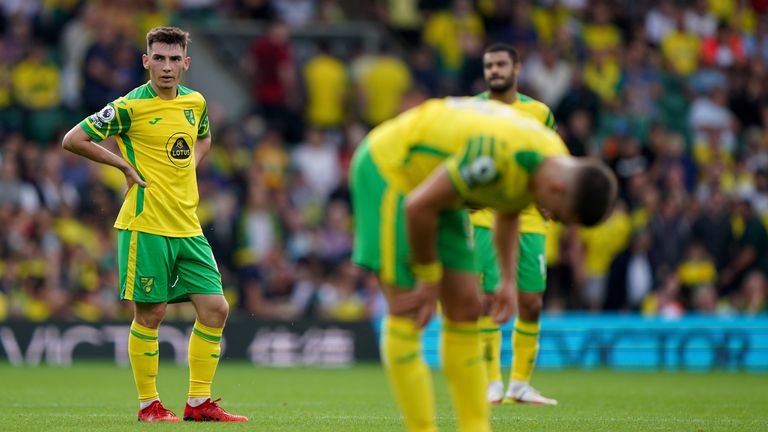 Norwich City&#39;s Billy Gilmour stands dejected during the Premier League match at Carrow Road