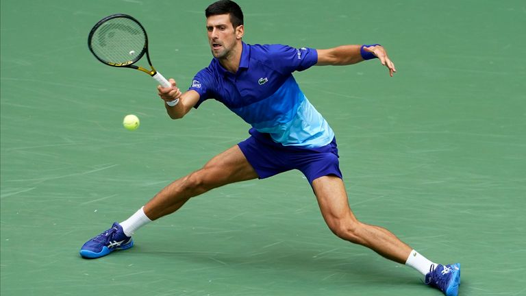 Novak Djokovic, of Serbia, returns a shot to Daniil Medvedev, of Russia, during the men...s singles final of the US Open tennis championships, Sunday, Sept. 12, 2021, in New York. (AP Photo/Seth Wenig) 