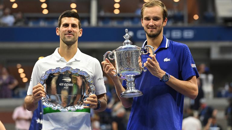 The 2021 Men's Singles Champion, Daniil Medvedev and Finalist, Novak Djokovic at the 2021 US Open, Sunday, Sep. 12, 2021 in Flushing, NY. (Garrett Ellwood/USTA)