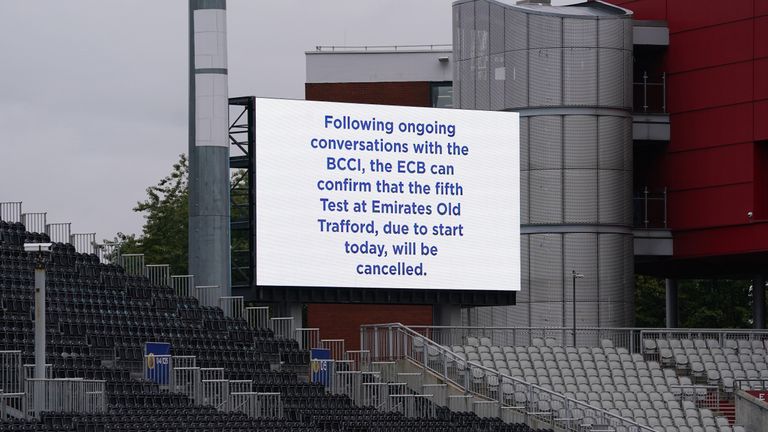 A view of a message displayed at Emirates Old Trafford in Manchester after India forfeited the fifth Test against England over Covid concerns, the England and Wales Cricket Board has announced. Picture date: Friday September 10, 2021.