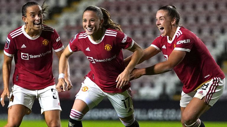 Ona Batlle (centre) celebrates scoring her first goal for Manchester United Women to put them 2-0 up vs Reading