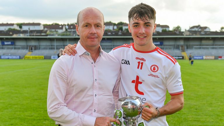 14 July 2019; Darragh Canavan of Tyrone with his father Peter after the EirGrid Ulster GAA Football U20 Championship Final match between Derry and Tyrone at Athletic Grounds in Armagh. Photo by Piaras .. M..dheach/Sportsfile