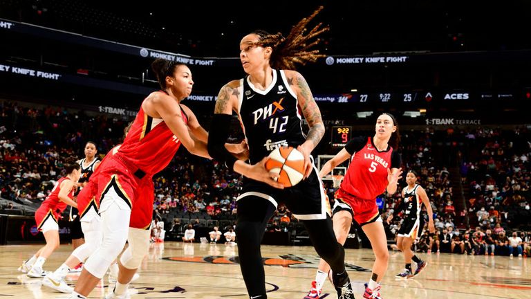 Brittney Griner #42 of the Phoenix Mercury drives to the basket during the game against the Las Vegas Aces on September 19, 2021 at Footprint Center in Phoenix, Arizona. (Photo by Barry Gossage/NBAE via Getty Images)