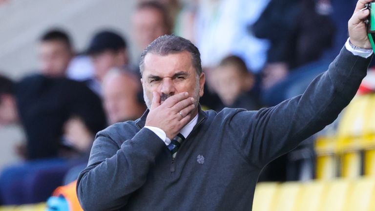 LIVINGSTON, SCOTLAND - SEPTEMBER 19: Celtic manager Ange Postecoglou during a cinch Premiership match between Livingston and Celtic at the Tony Macaroni Arena on September 19, 2021, in Livingston, Scotland. (Photo by Craig Williamson / SNS Group)