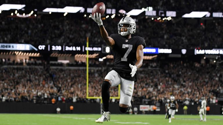 Las Vegas Raiders wide receiver Zay Jones celebrates after scoring a game winning touchdown against the Baltimore Ravens during overtime