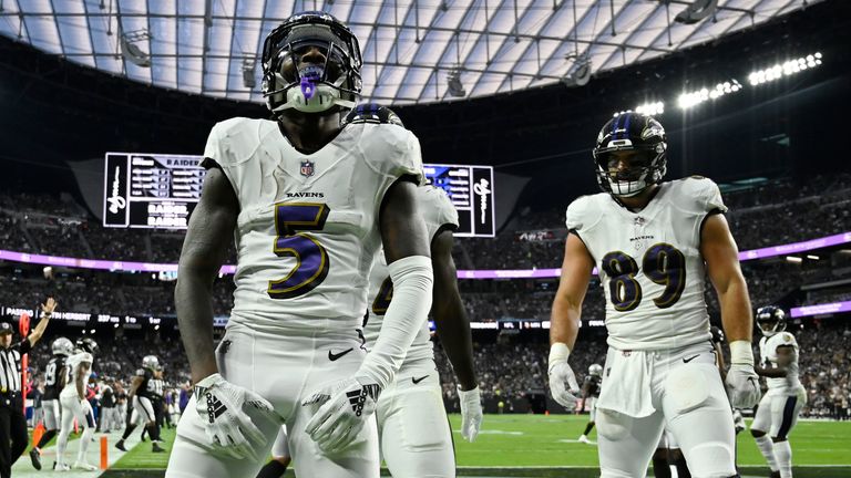 Baltimore Ravens wide receiver Marquise Brown celebrates after scoring a touchdown against the Las Vegas Raiders