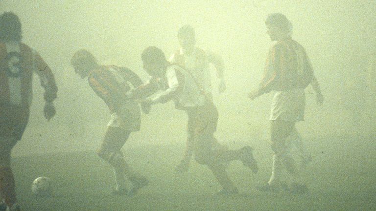 Red Star Belgrade and AC Milan play a European Cup match in thick fog. The match was abandoned with Red Star 1-0 up