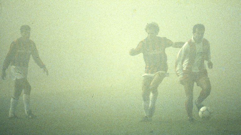 Red Star Belgrade and AC Milan play a European Cup match in thick fog. The match was abandoned with Red Star 1-0 up