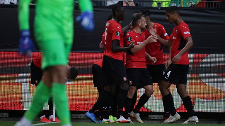 Rennes celebrate their first-half equalizer