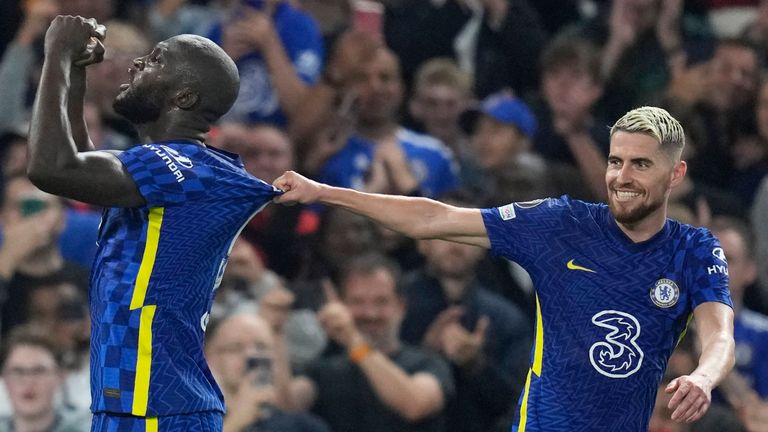 Romelu Lukaku celebrates with Jorginho after scoring for Chelsea against Zenit