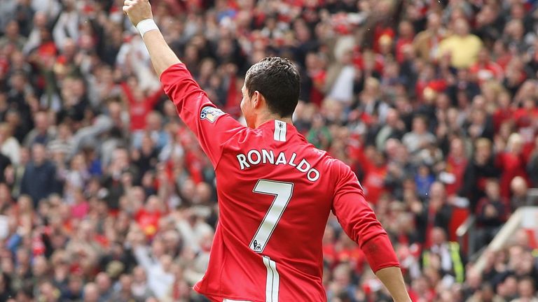 MANCHESTER, ENGLAND - MAY 10: Cristiano Ronaldo of Manchester United celebrates scoring their first goal during the Barclays Premier League match between Manchester United and Manchester City at Old Trafford on May 10 2009 in Manchester, England. (Photo by Chris Coleman/Manchester United via Getty Images) *** Local Caption *** Cristiano Ronaldo