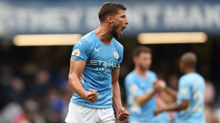 Ruben Dias of Manchester City at full time of the Premier League match between Chelsea and Manchester City at Stamford Bridge on September 25, 2021 in London, England. 