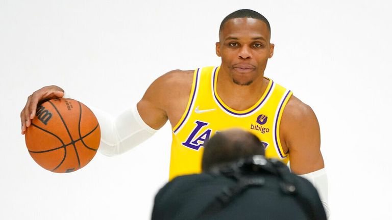 Los Angeles Lakers guard Russell Westbrook poses for photos during the NBA basketball team's Media Day Tuesday, Sept. 28, 2021, in El Segundo, Calif. (AP Photo/Marcio Jose Sanchez)