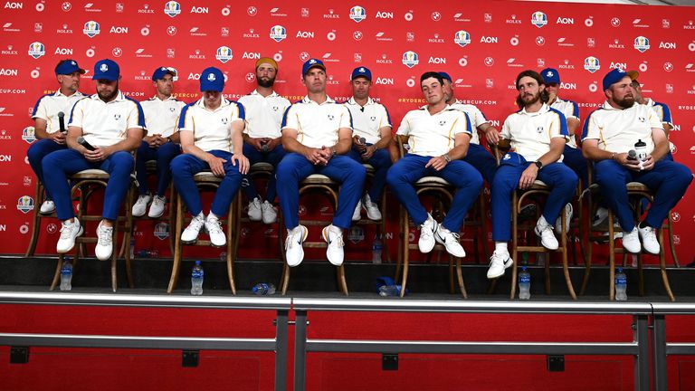 Team Europe's players and captain during a press conference after defeat to Team USA