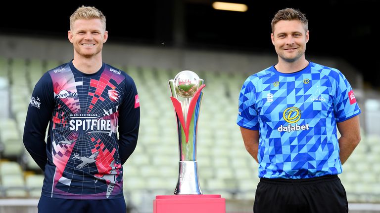 Kent's Sam Billings and Sussex's Luke Wright pose with the Vitality T20 Blast trophy 