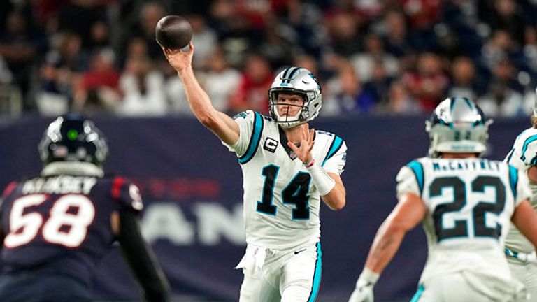 Carolina Panthers quarterback Sam Darnold throws a pass against the Houston Texans