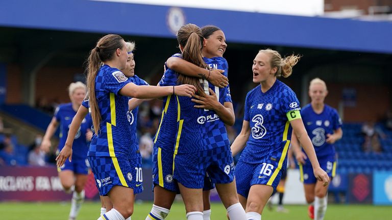 Chelsea's Sam Kerr (second right) celebrates scoring their side's third goal of the game during the FA Women's Super League match at Kingsmeadow, London. Picture date: Sunday September 12, 2021.