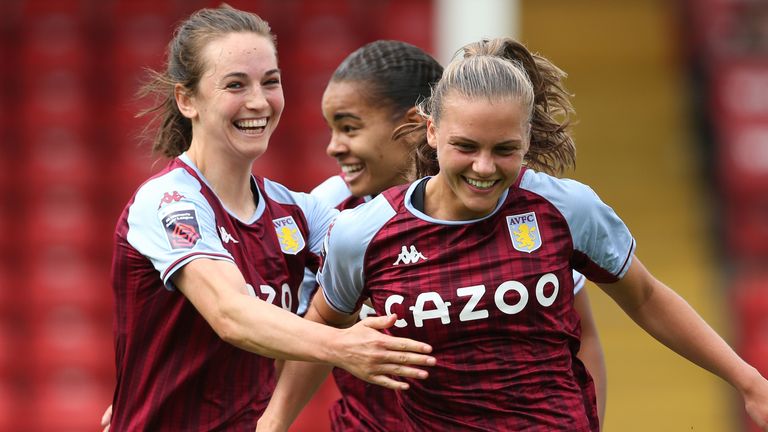 Aston Villa's Sarah Mayling (right) celebrates scoring against Leicester City in the WSL
