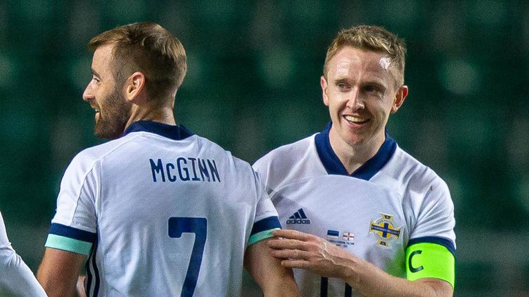 Northern Ireland&#39;s Shane Ferguson celebrates after scoring against Estonia.