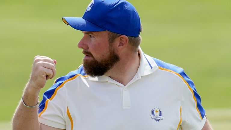 Team Europe's Shane Lowry reacts after winning the 10th hole during a Ryder Cup singles match at the Whistling Straits Golf Course Sunday, Sept. 26, 2021, in Sheboygan, Wis. (AP Photo/Ashley Landis)