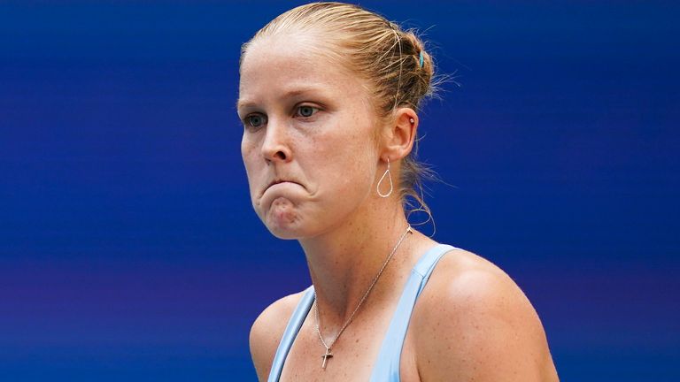 Shelby Rogers, of the United States, reacts after losing a point to Emma Raducanu, of Britain, during the fourth round of the U.S. Open tennis championships, Monday, Sept. 6, 2021, in New York. (AP Photo/Seth Wenig)