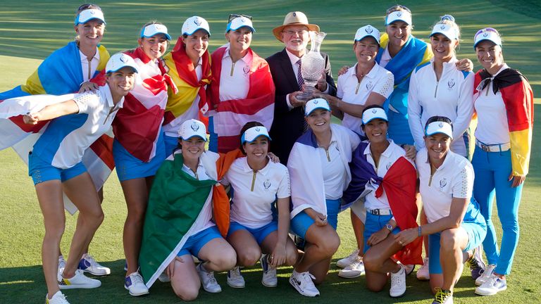 Team Europe poses after they defeated the United States at the Solheim Cup