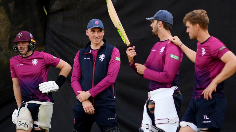 Josh Davey, Tom Banton, Ben Green and Tom Lammonby of Somerset look on during a Somerset Net session ahead of Vitality T20 Blast Finals Day at Edgbaston on September 17, 2021 in Birmingham, England