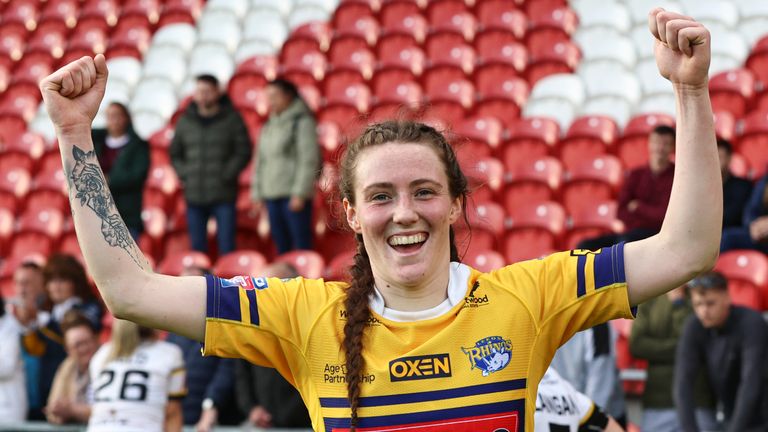 Picture by Paul Currie/SWpix.com - 26/09/2021 - Rugby League - Betfred Womens Super League Playoff Semi Final - Leeds Rhinos v York City Knights - The Totally Wicked Stadium, St Helens, England - Sophie Nuttall of Leeds Rhinos celebrates at the end of the match
