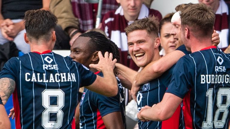 DINGWALL, SCOTLAND - SEPTEMBER 18: Blair Spittal celebrates with teammates after making it 2-1  during the cinch Premiership match between Ross County and Heart of Midlothian at the Global Energy Stadium on September 18, 2021, in Dingwall, Scotland.  