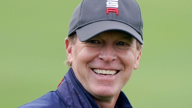 Team USA captain Steve Stricker smiles during a practice day at the Ryder Cup at the Whistling Straits Golf Course Tuesday, Sept. 21, 2021, in Sheboygan, Wis. (AP Photo/Charlie Neibergall)