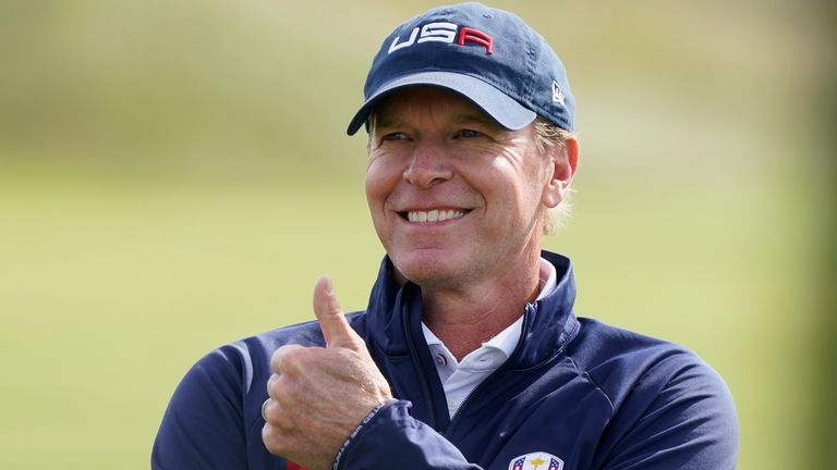 Team USA captain Steve Stricker gives a thumbs up during a practice day at the Ryder Cup at the Whistling Straits Golf Course 