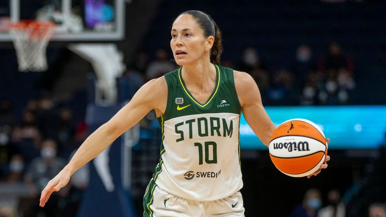 Seattle Storm guard Sue Bird (10) brings the ball up court against the Minnesota Lynx in the third quarter of a WNBA basketball game Tuesday, Aug. 24, 2021, in Minneapolis. (AP Photo/Bruce Kluckhohn)