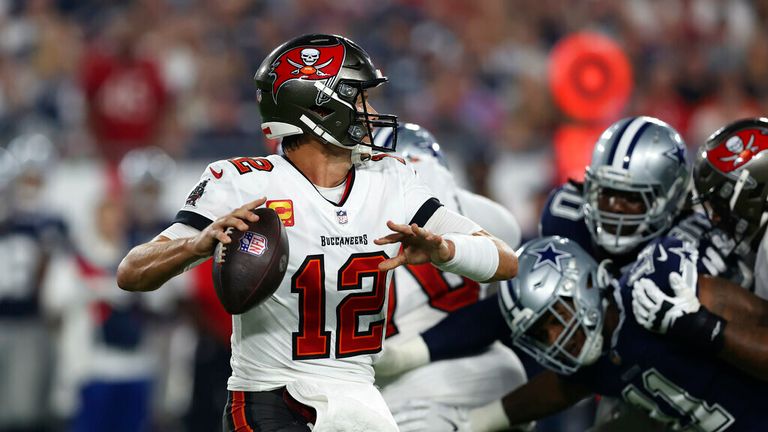 Tampa Bay Buccaneers quarterback Tom Brady (12) looks to pass against the Dallas Cowboys during the first half of an NFL football game Thursday, Sept. 9, 2021, in Tampa, Fla. (AP Photo/Mark LoMoglio)